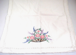 Vintage Hand Embroidered Dresser Scarf Basket of Flowers 17&quot; x 40&quot; Clean - £6.59 GBP