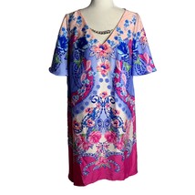 JM Collection Floral Swing Dress M Pink Blue Short Sleeve V Neck Knee Length - £18.12 GBP