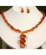 Cognac Amber Adjustable Pendant Necklace and Earrings Jewelry Set - £94.42 GBP