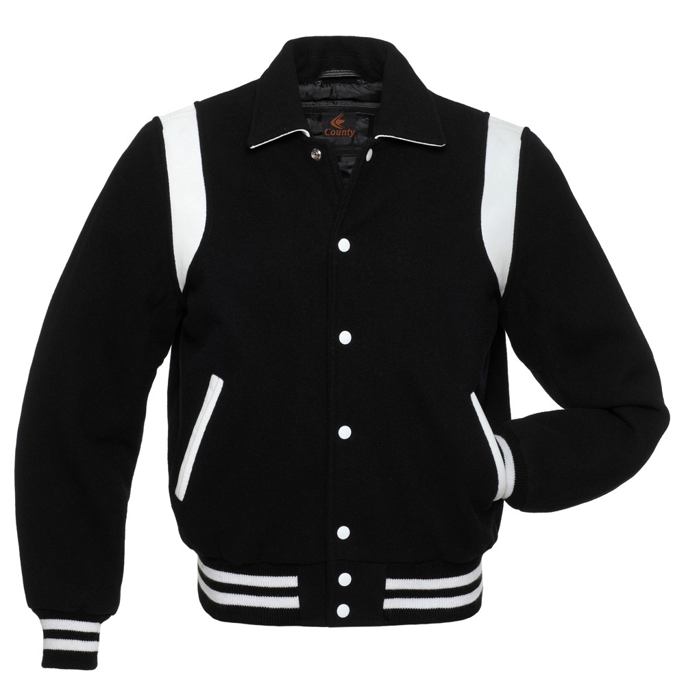 Retro Jacket Varsity Jacket Baseball Jacket Black Body White Leather Inserts