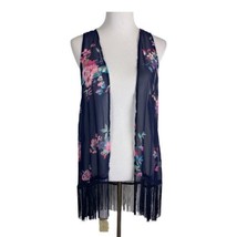 Eyeshadow Womens Kimono Shirt Size Large Blue Sheer Floral Fringe Sleeveless - £19.90 GBP