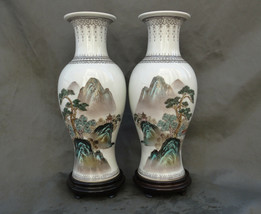 2 Vintage Chinese Porcelain Mirror Vases Landscape Calligraphy 12.5&quot; Jin... - £398.43 GBP