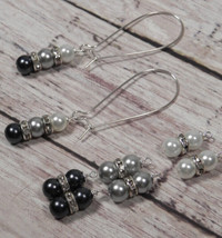 Glass Pearl Rhinestone Drop Pierced Earrings Handmade 4 Pair White Black Grey - £13.24 GBP