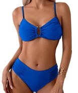 Women's Two Piece Swimsuit, Royal Blue Bikini Female Ruched High Waist Bathers - $32.66