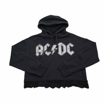 AC DC Sweatshirt Womens M Black Lace Trim Hem Drawstring Hoodie Activewear - £23.79 GBP
