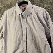 Thomas Pink Dress Shirt Mens 17 36.5 Blue Plaid Classic Fit Button Up Fo... - $16.59