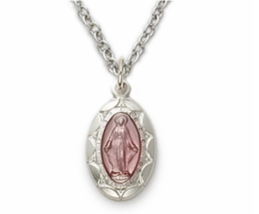 Sterling Silver Pink Enameled Oval Miraculous Medal Necklace &amp; Chain - £47.95 GBP