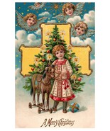 Postcard Embossed Gilded Merry Christmas Tree Girl Riding Horse Cherub H... - £12.45 GBP