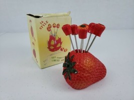 VTG With Box Fork Set Embellished With Strawberry Shape 6 Forks With Holder - £16.07 GBP