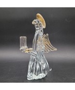 Vintage Glass Murano Christmas Angel Candle Holder Clear w/Gold Flakes Halo - $49.49