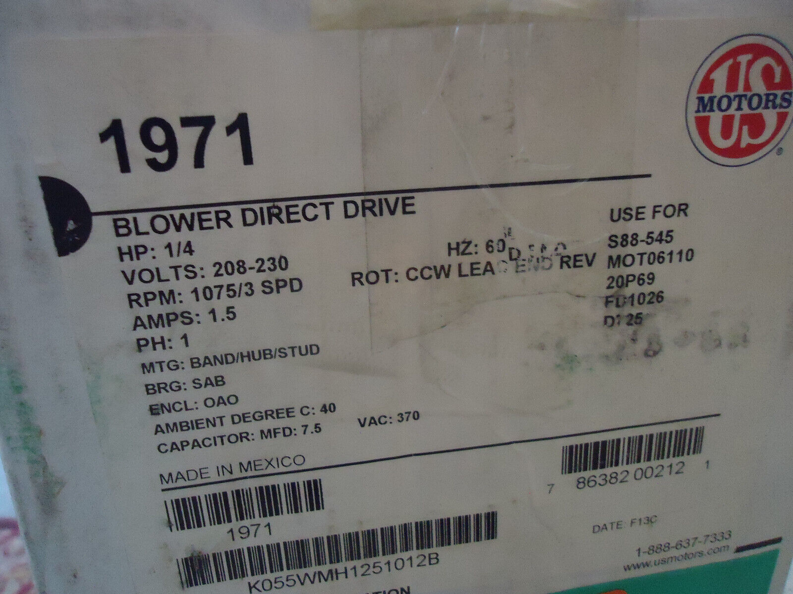 US Motors 1971 Direct Drive Fan &amp; Blower 1/4 HP 1-Phase 1075 RPM Motor - $100.98