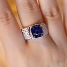 3Ct Cushion CZ Tanzanite Halo Engagement Ring 14K White Gold Plated Silver - £89.65 GBP