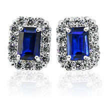 2.49CT Halo Emerald Cut Blue Sapphire Stud Earrings 925 Sterling Silver Push B - £39.13 GBP