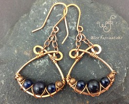 Handmade copper earrings criss cross wire wrapped chandelier blue goldstone 1 thumb200