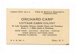 Orchard Camp Cottage Cabin Colony Business Card Peru NY 1930's Lake Cham... - $17.82