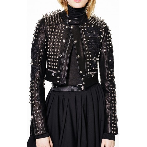 Black Cropped Silver Spike Metal Punk Full Studded Handmade Real Leather Jacket