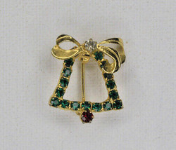 Vintage Gold Tone Green &amp; Red Crystal Christmas Bell Brooch Pin Costume Jewelry - £7.19 GBP