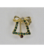 Vintage Gold Tone Green &amp; Red Crystal Christmas Bell Brooch Pin Costume ... - £6.99 GBP