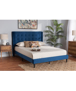 Eliana Navy Blue Velvet Fabric Dark Brown Queen Size Platform Bed - €333,93 EUR