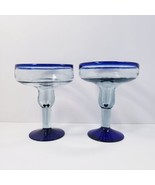 2-Cobalt Blue Clear Mexican Art Glass Hand-Blown Margarita Glasses - $22.50