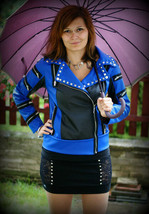 Women Two Tone Blue Black Contrast Zipper Style Silver Studs Real Leather Jacket - £125.33 GBP