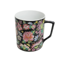 Black Noir Floral Coffee Mug Cup Oriental Pattern Pink Blue Green Ceramic - £11.72 GBP
