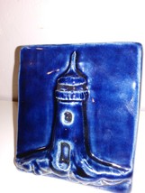 Vintage C. Hook Ceramic Art Tile Square Blue Lighthouse 4 x 4.25 in - Ex... - $243.94 MXN