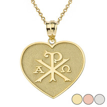 10K Solid Yellow Gold Ancient Christian Chi Rho Px Heart Pendant Necklace - £132.65 GBP+