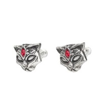 Alchemy Gothic E406 Sacred Cat Earrings Egyptian Black Feline warrior red crysta - $26.93