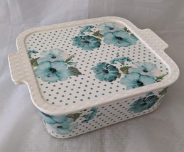 Grace Porcelain Square Pantry Blue Floral Oven Safe Casserole Lidded Baker  - $17.82
