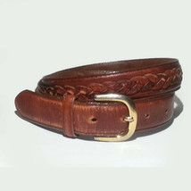 Leather Belt Men Size 34 Brown with decorative design Solid Brass Buckle 27mm W - £13.18 GBP