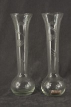 Vintage Pair Blown Mold Glass Flower Vases Gray Cut Etched Floral Stem Pattern - £11.00 GBP