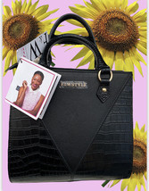 LEATHER F&amp;W Style Croc Embossed Smooth Black Handbag Shoulder Bag Purse - $89.09