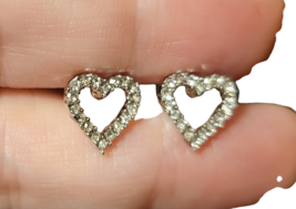 Silvertone White Rhinestone Hollowed Out Heart Stud Post Earrings - New - £11.95 GBP