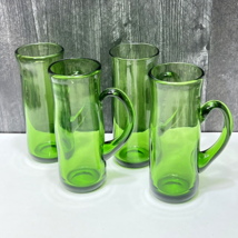 4 Vintage Green Blown Glass Mid Century Tall Beer Coffee Tea Mugs Applied Handle - £87.04 GBP