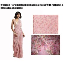 Women&#39;s Floral Printed Pink Banarasi Saree With Petticoat &amp; Blouse Free Shipping - £72.25 GBP