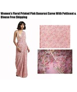 Women&#39;s Floral Printed Pink Banarasi Saree With Petticoat &amp; Blouse Free ... - £70.95 GBP