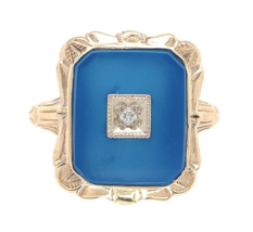 10k Yellow Gold Genuine Natural Blue Onyx and Diamond Ring Size 5.75 (#J6600) - £507.18 GBP