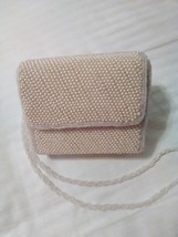 VINTAGE EVENING BAG RECTANGULAR SHAPE COVERED IN CREAMY FAUX PEARLS SILK... - $40.00