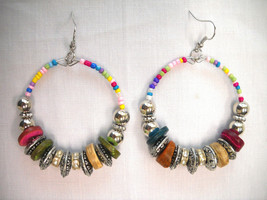 Multi Color Coconut Wood &amp; Antique Alloy &amp; Seed Beaded Hoop Dangling Earrings - £3.18 GBP