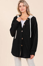 BOMBOM Textured Button Down Drawstring Hooded Shacket - $51.44