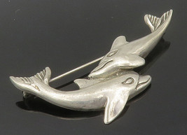 MEXICO 925 Sterling Silver - Vintage Double Dolphin Love Brooch Pin - BP5986 - £43.19 GBP