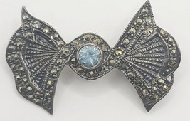 Vintage Boma 925 Silver Brooch With Blue Gem &amp; Marcasite Stones In Bow T... - $19.95