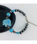 Turquoise Elephant Bracelet Crystal Black Hematite Silver Tone Boho Adju... - £27.52 GBP