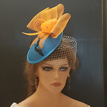 Hat fascinator Teal blue &amp; Orange Hat, Blue Fascinator hat veil fascinat... - £37.76 GBP