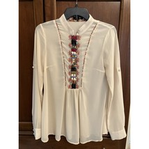 Ryu Women’s Blouse Size Small Cream Long Sleeve Beaded Sheer - $21.78