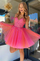 Hot Pink A-Line Tulle Short Homecoming Dress with Lace - £99.08 GBP