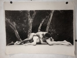 Vintage Homo Erotic Charcoal Drawing of wrestlers? Black and a white Man - £304.91 GBP