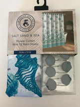 Caribbean Joe Coastal Fabric Shower Curtain and 12 Shell Hooks Salt Sand Sea - £28.85 GBP