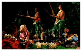 Hula Girls Ti Leaf Skirts, Leis Bamboo Entertain at Luau Feast Hawaii Postcard - £7.87 GBP